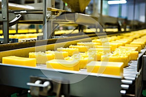 Photo of a conveyor belt filled with yellow blocks of cheese. Industrial cheese production plant. Modern technologies. Production