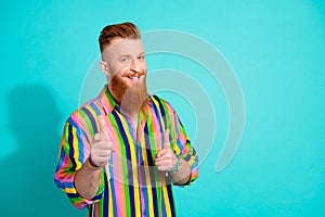 Photo of cool red hair businessman in striped shirt directing fingers you welcome in our great company isolated on cyan