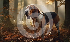 photo of coonhound on a forest path. Generative AI