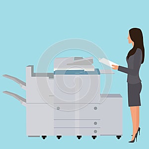 Photo copy copier machine office woman standing copying document big photocopier
