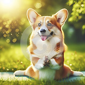 Photo of a corgi dog doing yoga green nature grass bokeh background. ai generative