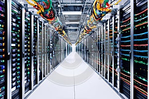 corridor of high-tech servers in a data center