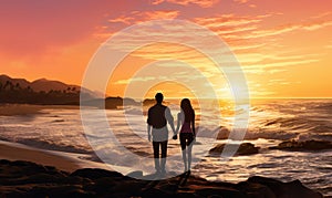 Photo of a couple enjoying a romantic sunset on a rocky beach