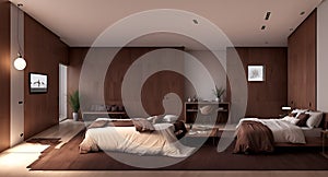 Ai generated a cozy shared bedroom with two beds and a workspace