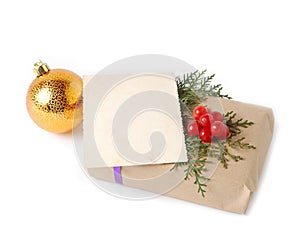 Photo of craft gift box and greeting card with space for text. Christmas, New Year holiday background
