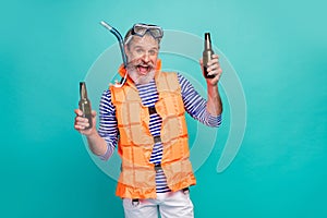 Photo of crazy funky aged man underwater breathing tube mask excited diver open mouth drink beer celebrating rest wear