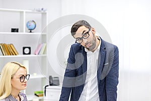 Photo of crazy and funny manager stressed at work.