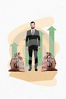 Photo creative artwork collage of young confident entrepreneur wear tuxedo business progress bags money income profits