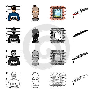 Photo of the criminal, a bandit in a mask, jailbreak, bloody knife. A crime set collection icons in cartoon black