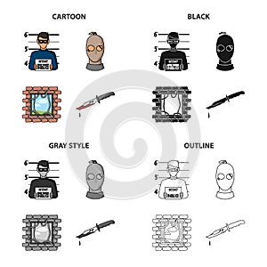Photo of the criminal, a bandit in a mask, jailbreak, bloody knife. A crime set collection icons in cartoon black