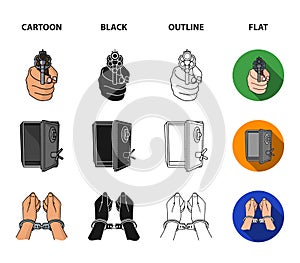 Photo of criminal, scrap, open safe, directional gun.Crime set collection icons in cartoon,black,outline,flat style
