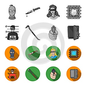 Photo of criminal, scrap, open safe, directional gun.Crime set collection icons in monochrome,flat style vector symbol