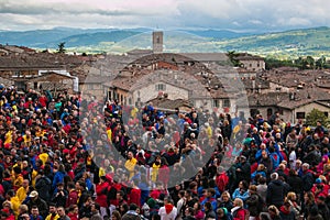 Photo of crowd in the square of Gubbio for the famous festa dei ceri, Umbria