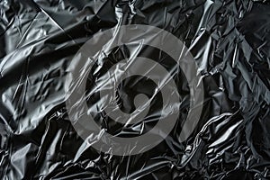 Photo of Crumpled sheet of black polythene plastic wrap. Background texture for backdrops or mapping