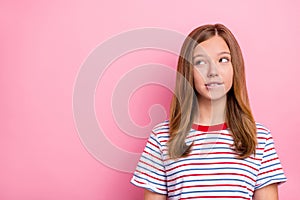 Photo of cunning little girl look promo wear red t-shirt isolated on pink color background