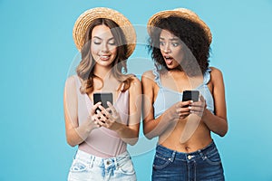 Photo of curious african american woman peeking at mobile phone