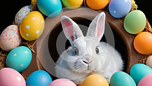 Photo Of Curious, Cute And Funny Easter Bunny Or Easter Rabbit Peeking Behind A Pile Of Painted Decorated Or Ornate. Generative AI