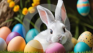 Photo Of Curious, Cute And Funny Easter Bunny Or Easter Rabbit Peeking Behind A Pile Of Painted Decorated Or Ornate. Generative AI