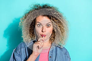 Photo of curious funky crazy lady lollipop mouth enjoy suck wear jeans jacket isolated turquoise color background