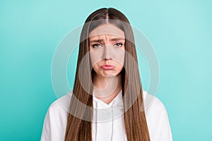 Photo of cute abused young woman dressed white hoodie crying isolated teal color background