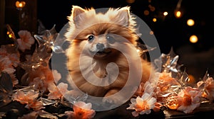 Photo of a cute, beautiful dog, Pomeranian breed, against a colorful fantasy background. Holiday concept of joy and happiness