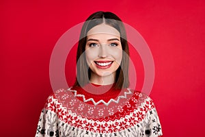 Photo of cute charming young woman dressed prink pullover smiling isolated red color background