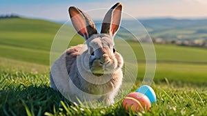 Photo Of Cute Easter Bunny Rabbit And Egg In Hill With Green Fields And Colorful Flower On A Bright Day. Generative AI