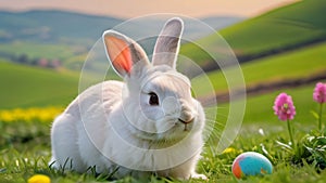 Photo Of Cute Easter Bunny Rabbit And Egg In Hill With Green Fields And Colorful Flower On A Bright Day. Generative AI