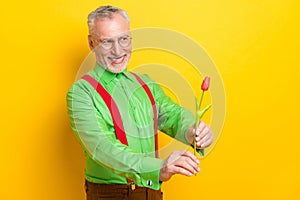 Photo of cute elder grey hairdo man give flower empty space wear spectacles green shirt isolated on yellow color