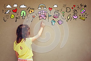 Photo of cute kid imagine princess or fairytale fantasy. set of infographics over textured wall background photo