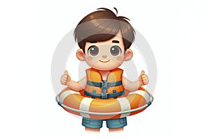 photo cute little boy with life vest and floatation device Isolated on solid white background. ai generative