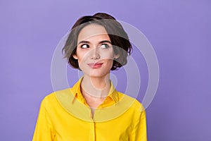 Photo of cute milennial ceo lady look promo wear yellow shirt isolated on violet color background