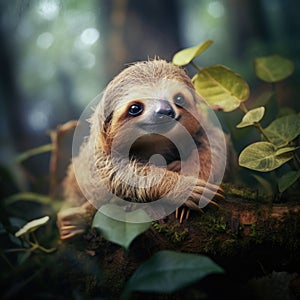 Photo of a cute sloth animal. Against the backdrop of the jungle