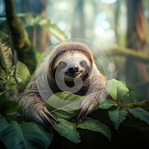 Photo of a cute sloth animal. Against the backdrop of the jungle