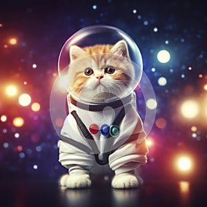 Photo of a Cute space cat dressed in astronaut suit space on blured background. ai generative