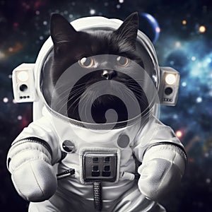 Photo of a Cute space cat dressed in astronaut suit space on blured background. ai generative