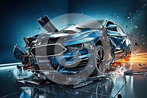 Photo of a damaged blue sports car with a shattered windshield