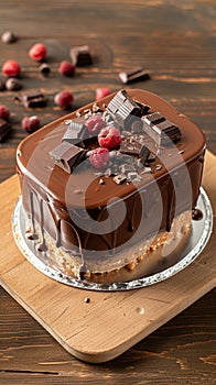 Photo Decadent chocolate cake topped with smooth ganache, irresistible dessert