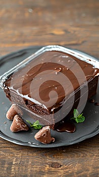 Photo Decadent chocolate cake topped with smooth ganache, irresistible dessert