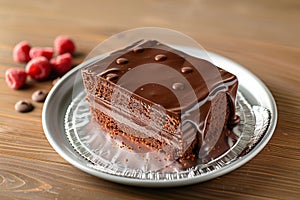 Photo Decadent chocolate cake topped with smooth ganache, irresistible dessert