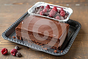 Photo Decadent chocolate cake topped with smooth ganache, irresistible dessert