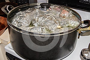 Photo of a deep pot boiling tamales