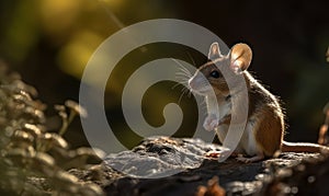 Photo of deer mouse genus Peromyscus perched on rock in sun-dappled forest nibbling on a seed with its delicate paws emphasizing