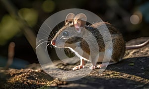 Photo of deer mouse genus Peromyscus perched on rock in sun-dappled forest nibbling on a seed with its delicate paws emphasizing