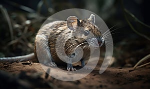 photo of degu genus Octodon standing on a forest path. Generative AI