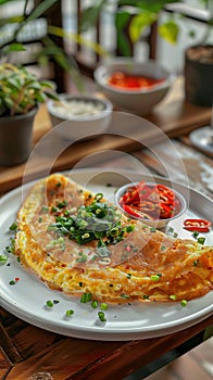 Photo of a delectable Thai omelette with crispy edges and fluffy texture served on a white platter