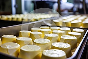 Photo of a delicious assortment of cheeses on a rustic metal tray. Industrial cheese production plant. Modern technologies.