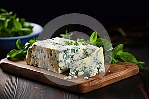 Photo of a delicious block of blue cheese on a rustic wooden cutting board