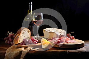 Photo of a delicious spread of bread, cheese, grapes, and wine on a rustic table