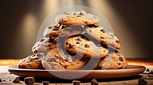 Photo of a delicious stack of chocolate chip cookies on a rustic wooden plate created with Generative AI technology